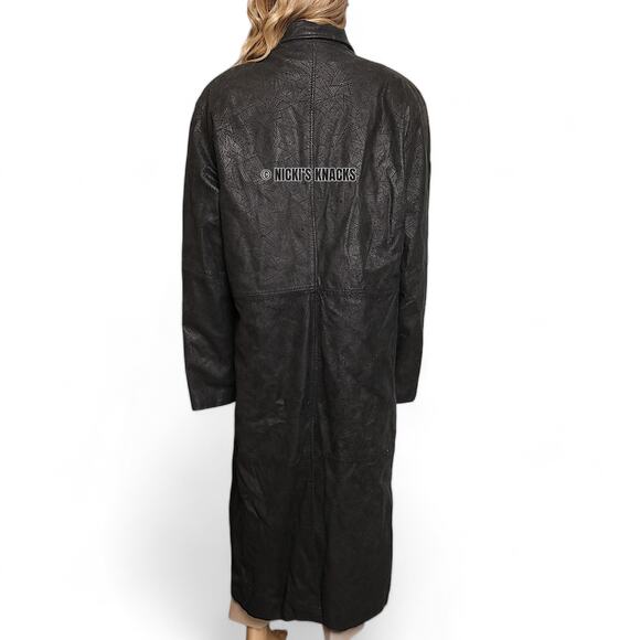 Vintage Pelle Cuir Black Embossed 100% Leather Trench Coat Shoulder Pads Size L - Picture 9 of 16